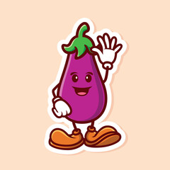 vector cute cartoon character of eggplant wave hand isolated