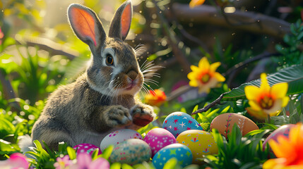 Fototapeta na wymiar Easter Bunny Amongst Colorful Eggs in Springtime Setting. Easter bunny in a field with eggs and a blue sky