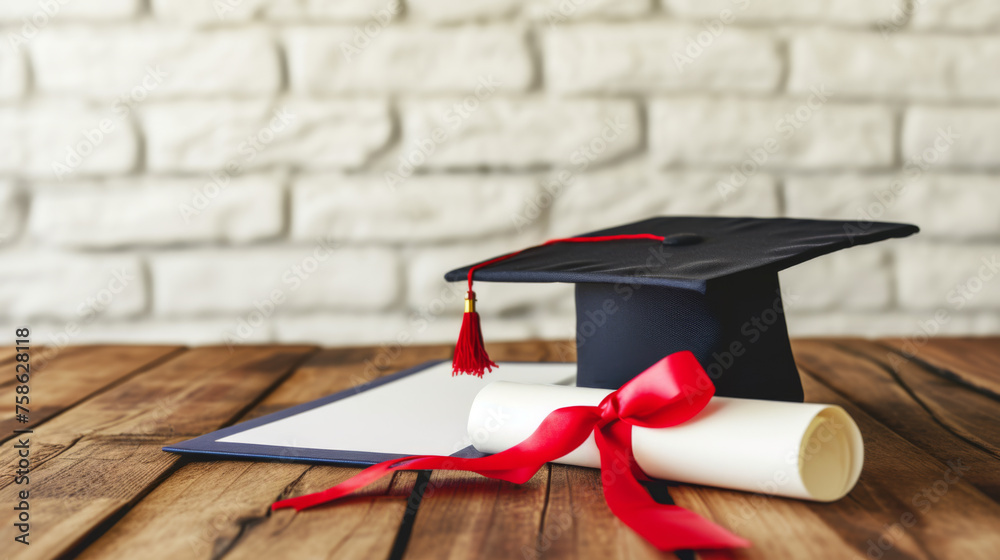 Wall mural black academic cap with a red tassel and a diploma with a red ribbon, placed on a wooden surface against a blurred brick wall background - Wall murals