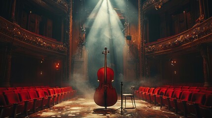 A double bass sits on a stand in a dark theater building - obrazy, fototapety, plakaty