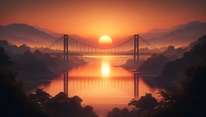 Wandcirkels tuinposter serene sunset scene where the sun dips low in the sky, casting its warm golden glow over a suspension bridge. The bridge spans a wide, tranquil river that reflects the fading light of day © Tanicsean