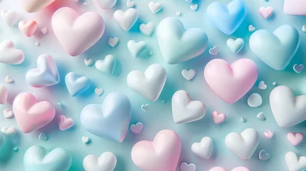 Fotobehang Assorted pastel heart shapes on a blue gradient background. Studio photography with a flat lay composition and place for text. Love and romance concept Valentine's Day celebration © Oksa Art