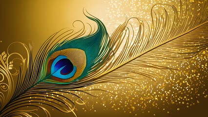 Obraz premium peacock feather close up. gold background peacock feather. festive celebration background. wedding invitation with golden decorative background.