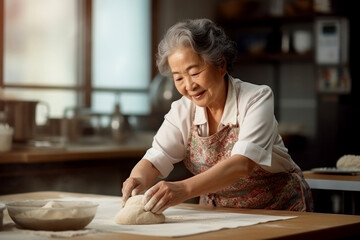 Fototapeta na wymiar Woman Baker Making Bread in Chefs Hat