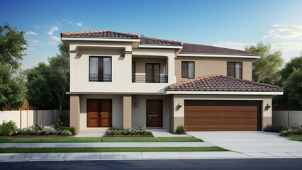 Modern two-story house with a tiled roof, landscaped front yard, and double garage at dusk.