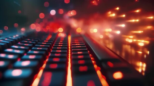 The flickering lights of a gaming keyboard a blur of motion as a player exees a series of complex commands in the Virtual Vigilantes HighStakes Tournament.