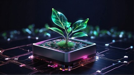 Supper Technology Concept, Glowing plant growing on computer chip representing digital ecology business and blurred background	 - obrazy, fototapety, plakaty