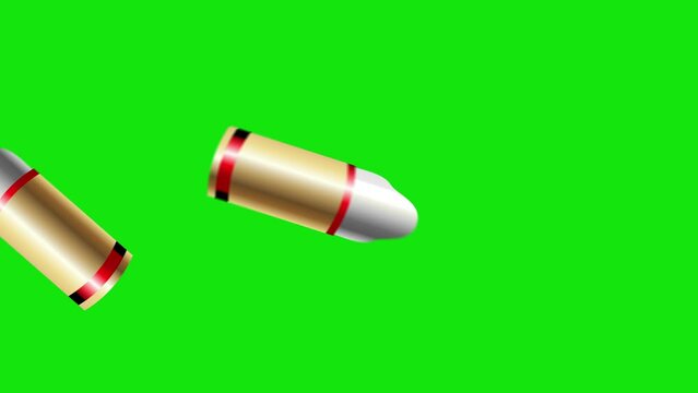 Bullet green screen animation. Bullet falls and bounces from top to bottom.  Seamless loop. Chroma key. 4K. Perfect for video game intros, military, visual effect in films or explainer videos.