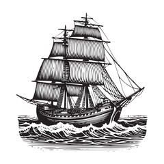 wood ship sailing in sea hand drawn art style vector illustration