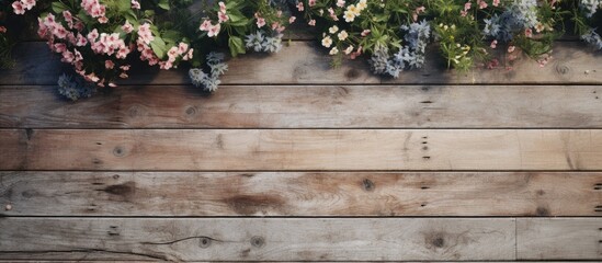 A wooden wall covered in vibrant flowers stands out against the asphalt road surface, adding a touch of nature to the urban setting - obrazy, fototapety, plakaty