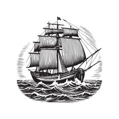 wood ship sailing in sea hand drawn art style vector illustration