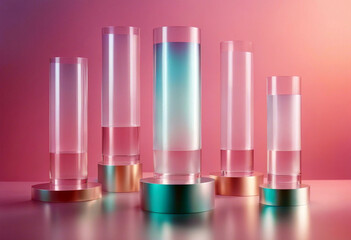 glass beakers with pink and purple colors.
