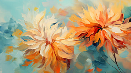 Abstract oil painting of colorful flower with orange r