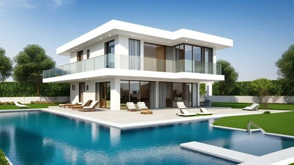 Fototapeta premium Modern luxury villa with swimming pool, sun loungers, and landscaped garden on a sunny day.