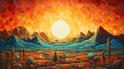 Abstract oil painting of desert with sun ..