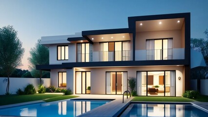 Fototapeta premium Modern luxury house with pool at twilight, exterior view.