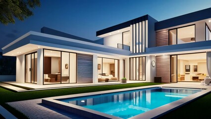 Fototapeta premium Modern luxury house with illuminated windows at dusk, featuring a swimming pool and stylish outdoor lighting.