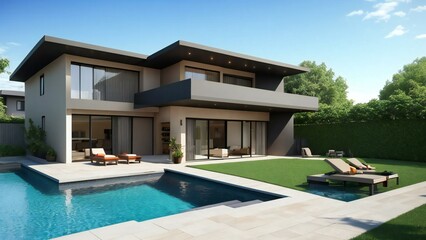 Modern luxury house with pool, outdoor patio, and lush greenery. - obrazy, fototapety, plakaty