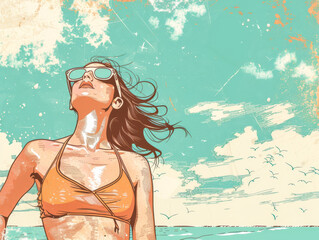 Retro vintage 70s woman at the beach illustration with vibrant colors