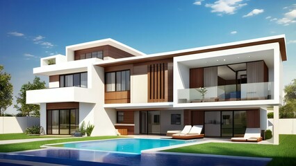 Fototapeta premium Modern luxury house with pool, large windows, and stylish exterior design, under clear skies.