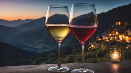 Two glasses of wine on mountain with sunset background, copy space. Picnic with mountain view at evening. Celebration team success concept. Winning concept.