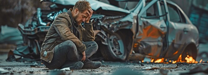 After a vehicle accident, a regretful guy sits in front of a damaged automobile and holds his head in agony.
