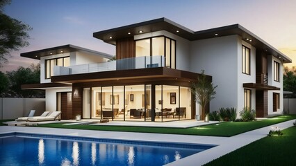 Luxury modern house with pool at dusk, exterior view.