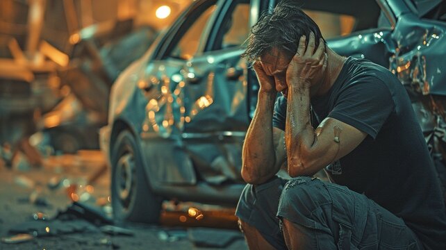 After a vehicle accident, a regretful guy sits in front of a damaged automobile and holds his head in agony.