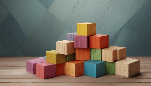 Playful arrangement of wooden cubes in various colors