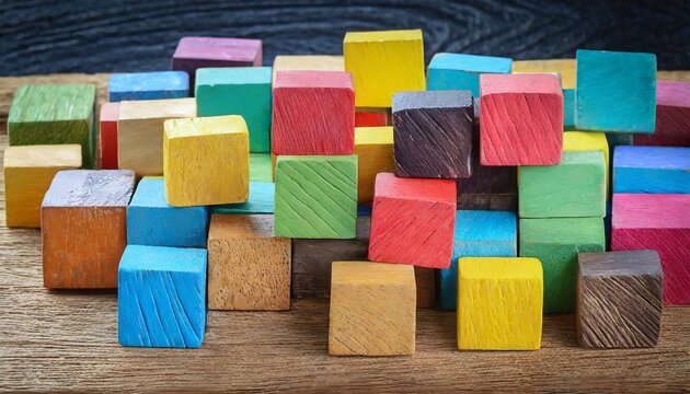 Colorful wooden building blocks arranged in a geometric pattern