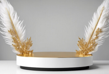 White podiums on the white background with golden feathers and small crystals