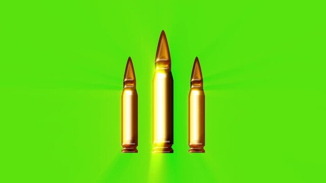 Bullet green screen animation. Cinematic of three bullet shot on green screen. Seamless loop. Chroma key. 4K. Perfect for video game intros, military, logo or explainer videos.