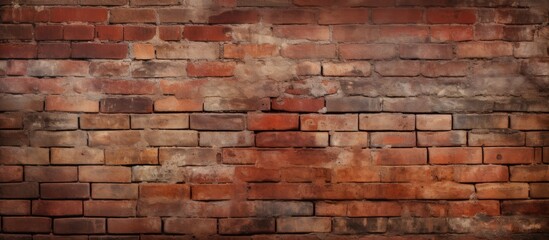 An artistic closeup image of a brown brick wall with a variety of rectangular bricks. This building material creates a unique and textured backdrop