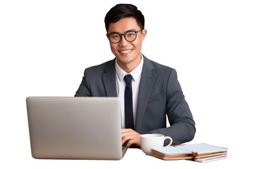 Portrait of a happy asian businesswoman working on laptop computer isolated over white background this png file with an isolated cutout object on a transparent background - Powered by Adobe