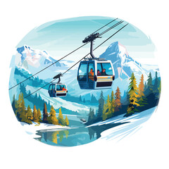 Cable car descending from a mountain resort with snow 