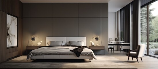 Stylish modern bedroom with spacious bed, elegant mirror, and distinctive overhead light.