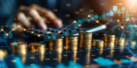 Affari, finanza e investimenti, concetto di cambio valuta. Ragioniere che usa la calcolatrice con monete e relazione finanziaria, grafico economico di crescita, sfondo finanziario
