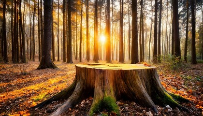 Tree stump in autumn forest in the morning