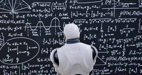 Human-like robot thinking out loud. Smart android person solving scientific problem writing...