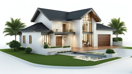 Modern luxury house with swimming pool, landscaped garden, and elegant facade design.