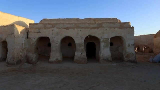 Sunrise at the iconic Star Wars Tatooine set in the desert, clear sky
