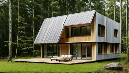 Fototapeta na wymiar Modern wooden cabin in a forest clearing with large windows and a metal roof.