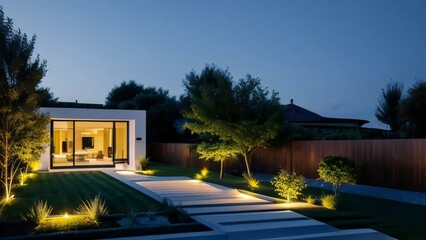 Modern house with illuminated garden at twilight. - obrazy, fototapety, plakaty
