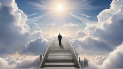 Businessman walking up a stairway to success with blue sky background, Road to success concept - obrazy, fototapety, plakaty