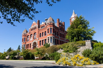Historic Jefferson County Courthouse and Clock Tower Victorian style old historical  building in Port Townsend, Olympic Peninsula, Washington State - obrazy, fototapety, plakaty