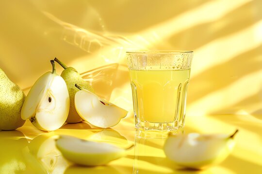 Glass of pear juice on table in cafe, closeup.
