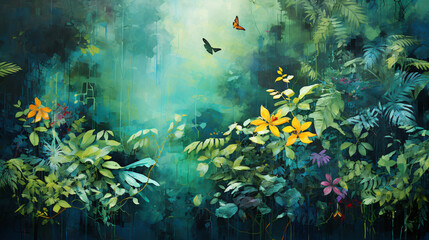 Abstract painting of a tropical jungle or rainforest.