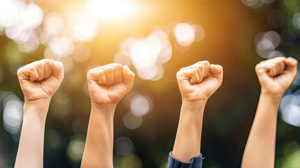 Multiple fists raised in solidarity against a bright bokeh light background symbolizing unity...