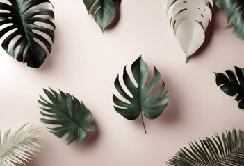 Top view product display background, texture tropical leaves shadow, minimal pastel