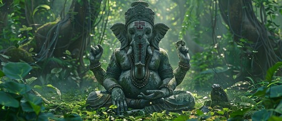 Lord Ganesha in the jungle, meditating in green - obrazy, fototapety, plakaty